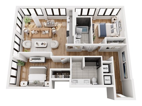 Floor plan for 2 beds, 2 baths, 1033 sqft